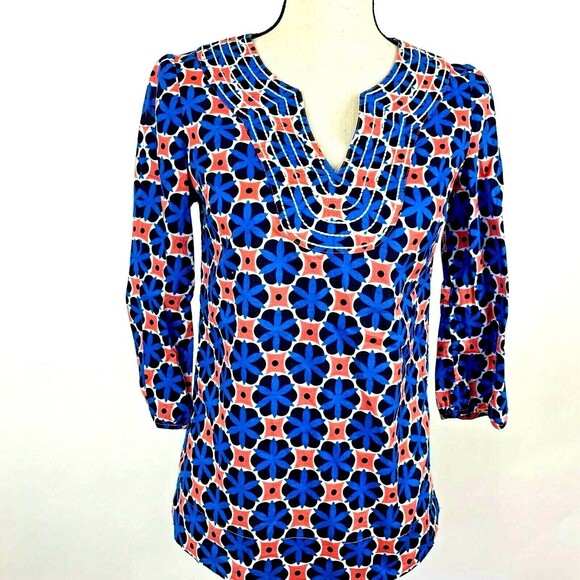 Boden Pull-over Cotton Top Women 2R Floral Blue Pink V-neck Detail Stitching - Picture 1 of 8